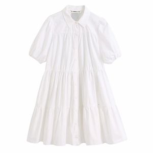Женщины сладкие моды Ruffled белые мини-платья Винтаж ослабесный воротник слоеного рукава платья девушки повседневные шикарные Vestidos Mujer 210520