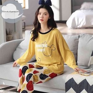 Spring Autumn Knitted Cotton Women's Sleep Lounge Pajama Long Sleeved Woman Set Cartoon Pyjamas Sleepwear M-XXXL Fashion 210809