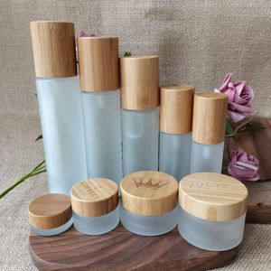 Garrafas de armazenamento frascos Cosméticos Body Lotion Garrafa de vidro Bomba de bambu tampa de óleo essencial Creme fosco Cuidados com a pele 4oz