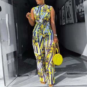 Women Jumpsuit Printed High Sleeveless Elastic with Waist Belt Wide Leg African Lady Large Size Casual Fashion Summer 210416