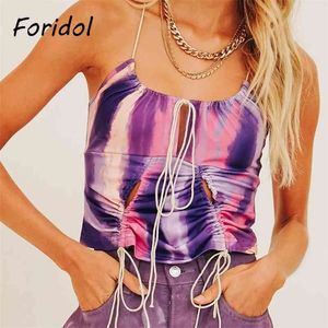 Foridol Batik-lila Crop-Tops, Camis, Ausschnitt, Riemen, schmal, gerüscht, rückenfrei, Sommer, Boho, niedlich, Australien, Drop-Top 210415