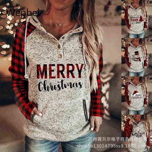 WEPBEL 여성 스웨터 긴 소매 크리스마스 격자 무늬 콘트라스트 컬러 후드 봄 여성 느슨한 포켓 풀오버 후드 Y1118