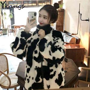 Women Winter Furry Coat Harajuku Cows Printing Loose Full Sleeve Fake Fur Jacket Vintage Hip Hop Warm Cotton Clothes Streetwear 210421