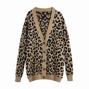 Mulheres Leopard Impressão V Neck Único Breasted Knitting Camisola Feminino Manga Longa Pulôver Casual Lady Tops SW1131 210430