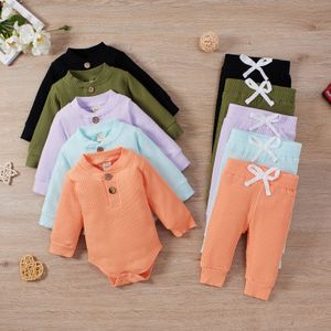 2021 Infantil recém-nascido menino menino primavera outono com nervuras / mantidos roupas sólidas conjuntos de manga comprida Bodysuits + calças elásticas 2pcs roupas