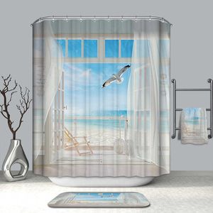 Nowoczesna prostota poliestrowa zasłona prysznicowa 3d fałszywych okno plaża mewa malownicza wzór zagęścić wodoodporną kurtynę kąpielową z haczykiem 210609