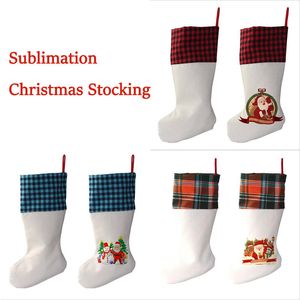 Sublimering Julstrumpor Linen Plaid Blank Diy Socks Santa Claus Candy Gift Sock Xmas Tree Decoration Festival Supplies 4 stilar