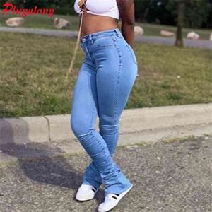 Plugalong zerrissene gestapelte Jeans für Frauen mit hoher Taille Hosen aushöhlen dünne Denim-Hosen Taschen Streetwear Casual Harajuku 210629