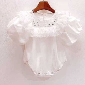 Bebê Coreano Bebê Meninas Romper Onesie para Crianças Ruffles Roupa Roupa Balso Batismo Branco Vestuário 210529