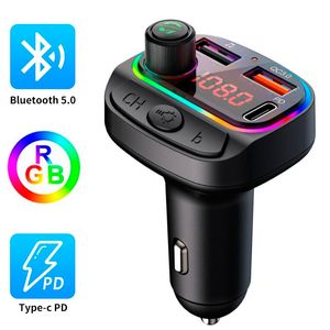 Bluetooth 5.0 FM-sändarebil MP3-spelare Trådlös handsfree-bilmonteringssats för telefon QC3.0 + 18W PD Snabbladdare RGB andningsljus U-skivmusik