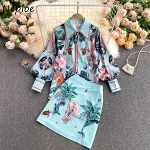 Neploe Fashion Print 2 Pcs Women Set Turn Down Collar Puff Long Sleeve Blouse + High Waist Hip A Line Skirt Vintage Suit Spring 210423