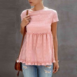 Estate Donna T-Shirt Casual Allentato O-Collo Manica corta Agaric Edge Rughe Top Moda Streetwear Sweet Ladies Pink Tee Shirts 210507