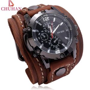 Wristwatches CHUHAN Fashion Punk Wide Leather Bracelet Watches Black Brown Bangles For Men Vintage Wristband Clock Jewelry C629