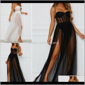 Casual Dresses Womens Clothing Apparel Drop Leverans Sommar Split Lång Kvinnor Sexig Tunn Mesh Underkläder Nattdress Tvådelad strandklänning 2021 B