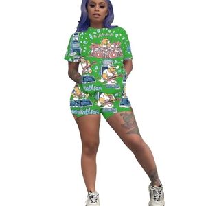 TRACKSUIT Cartoon Pattern Print Casual Workout Aktivt slitage Kvinnor Två stycken Sätt Kortärmad 90s Tee + Biker Shorts 210525