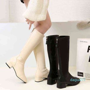 2021 Neue Ins Damen Beige High Heels Keilabsatz Stiefel Herbst Designer Spitzschuh Knielang