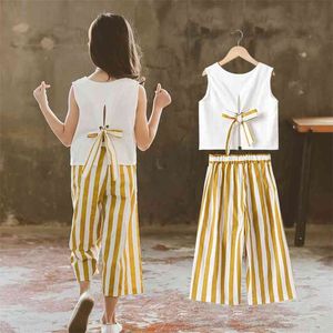 Korean Summer Girls Clothing Set Teenage White Sleeveless Tops and Wide Leg Pants Blue Stripes Outfits for Kids 8 12 Years 210622