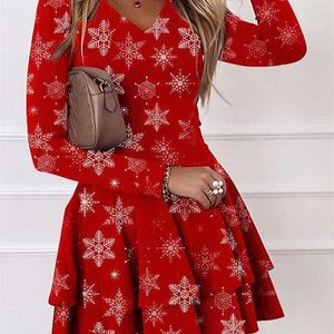 Christmas Dress Women Long Sleeve V-neck Snowflake Print Dresses Holiday Casual Party Ladies Mini Dress Plus Size S-5XL 211206