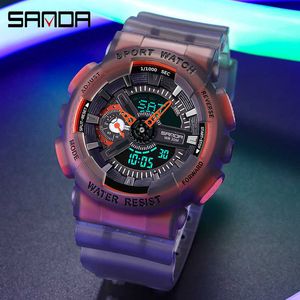Sanda Mężczyźni Moda Sport Fluorescencyjny Wrist Watch Przezroczysty Kwarcowy Wodoodporna LED Podwójny Wyświetlacz Męski Zegar Zegarek Orologio Da Uomo G1022