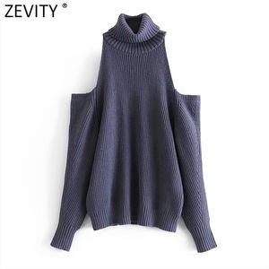 Kobiety Moda Turtleneck Off Ramię Solidne Rozrywka Knitting Sweter Femme Chic Hollow Out Design Pullover Tops S577 210416