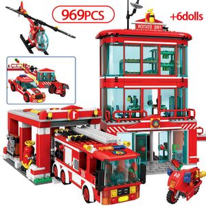 969PCS Brandagent Team Police Building Blocks City Fire Station Truck Bil Brandmän Figurer Tegel Leksaker För Barn X0902