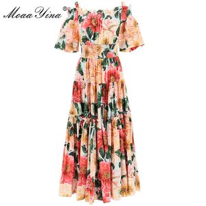 ファッションデザイナーコットンドレス夏の女性のドレス伸縮性のあるウエストの椿花のプリントビーチバケーションドレス210524