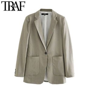 Traf女性のファッションオフィス着用シングルボタンブレザーコートビンテージ長袖ポケット女性の上着シックトップ210415