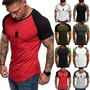 Large Size Men Sports Top Tees Patchwotk O Neck tshirt Short Sleeve Fitness Gym Slim Fit T Shirt 210716