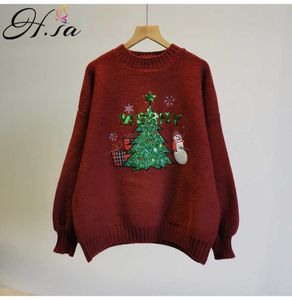 H.SA Women Casual Sweater Cartoon Pullovers Christmas Tree Oversized Pull Jumpers Long Sleeve Sequined Snowman Sweater Tops 210716