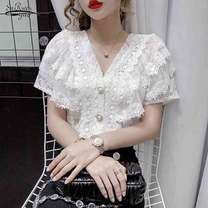 Sommar Franska Sexiga Toppar Ruffle Stitching Shirt Kvinna V-Neck Hollow Lace Blus Kvinnor Kortärmad Virka 14175 210521