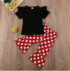 Toddler Baby Girl Clothes Set Solid Färg Kortärmad T-shirt Toppar Polka Dot Print Bell-Bottoms Byxor 2st Outfits Kläder