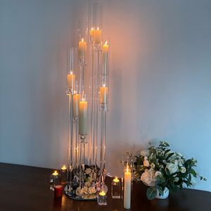 Endast kan använda LED-ljus) Partihandel Bröllopsdekoration 8 ARM Centerpieces Pillars Acrylic Cylinder Crystal Candle Holders SenyU600