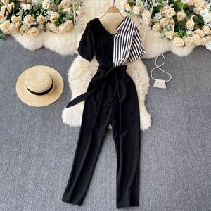 Neploe Work Style Ol Temperament Jumpsuits Women High Waist Hip Wide Leg Bodysuit Hit Color Striped Short Sleeve Playsuit Summer 210423