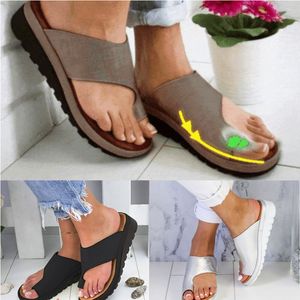 Women Shoes Slipper PU Leather Comfy Platform Flat Sole Ladies Casual Soft Big Toe Foot Correction Sandal Orthopedic Bunion Corrector-C