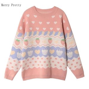 Rosa Cartoon Strawberry Broderi Sweaters Sweet Style Strikta Pullovers Kvinnor Vinter Tjock Varm Sweater Jumpers Tjejer Topp 211103