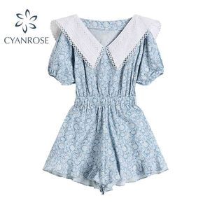 Blue Floral Print Doll Collar Jumpsuit For Women Summer Elastic Waist Slimming Puff Sleeve Female Casual Short 210515