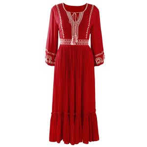 Women Red O-neck Bow Bohemian Embroidery Long Sleeve Empire Beach Holiday Midi Dress Spring Summer Indie Folk D2437 210514