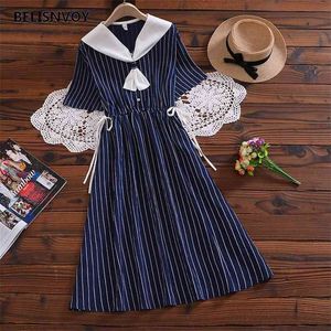 Mori Mädchen Sommer Vintage Kawaii Kleider Ins Chic Sailor Kragen Gestreiften Midi Kleid Weibliche Süße Harajuku Punk Kleidung Für Frauen 210520