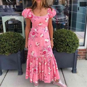 Quadratischer Kragen, chinesischer Blumendruck, rosa Maxi-Chiffon-Kleid für Damen, Sommer, Boho, Strandurlaub, blau, lang, 210427