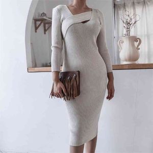 Stickad tröja klänning Kvinnor Casual Bodycon Long V Neck Spliced ​​Elegant Ladies Maxi Basic Winter 210427