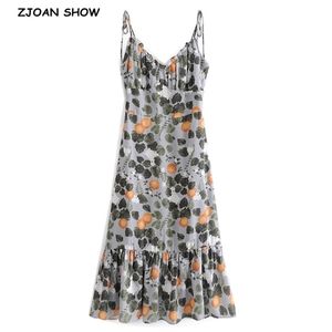 Wakacje Summer Lemon Floral Print Sling Dress Sexy Bez Rękawów V Neck A-Line Szyfon Długi Spaghetti Strap Casual Beach 210429