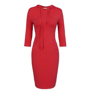 Solid Color Hooded Drawstring Three Quarters Sleeve Dress Women Casual Pocket Plus Size Streetwear Cotton Pencil Dresses 210608