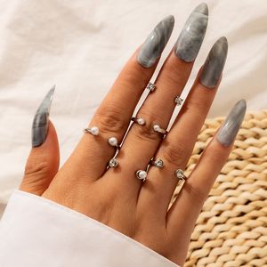 Bohemia Opening Pearl Crystal Rings Set for Women Gothic Sliver Color Knuckle Rings Jewelry Anillos 5pcs/sets