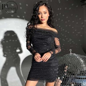 Casual Dresses Inwoman Fall Winter Slash Neck Sequins Black Short Dress Women 2021 Mesh Sexy Party Mini Ladies Long Sleeve Bodycon