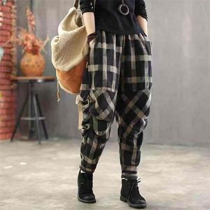 İlkbahar Yaz Sanatları Stil Kadınlar Elastik Bel Harem Pantolon Vintage Pamuk Keten Ekose Gevşek Kadın Pantolon Artı Boyutu D414 211115