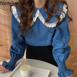 Nomikuma Causal Flare Sleeve Pullover Tops Lace Patchwork Peter Pan Collar Women Jean Blouse Korean Chic Spring Shirt 6G007 210427