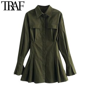 Women Chic Fashion With Pockets Fitted Mini Shirt Dress Vintage Lapel Collar Long Sleeve Female Dresses Vestidos 210507