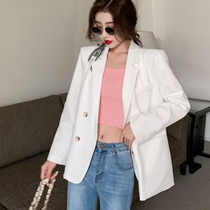Women Fashion Casual Double Breasted White Blazer Coat Vintage Notched Long Sleeve Female Outerwear Chic Tops 210518