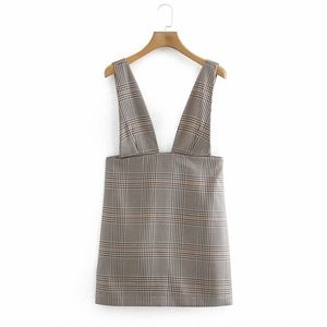 Summer Women Plaid Tank Sukienka Vintage Bez Rękawów V-Neck Side Zip Mini Es Female Casual Sweet Street Vestidos 210513