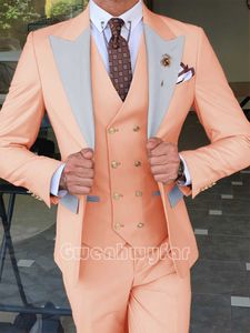 Gwenhwyfar Custom Made Classic Peach Groom Tuxedo Groomsmen Guldknappar Sjal Lapel Best Man Suit Bröllop Mäns Blazer Costume X0909